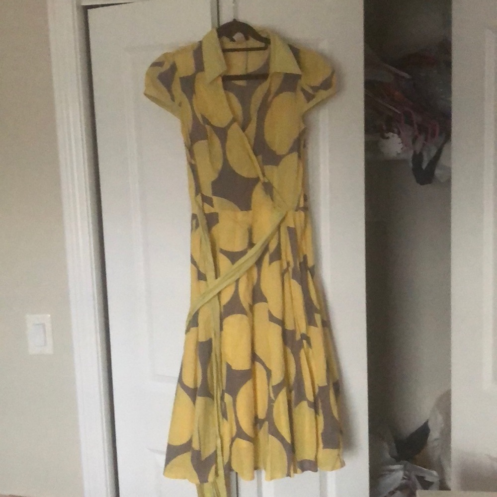 Faux wrap dress, yellow and grey